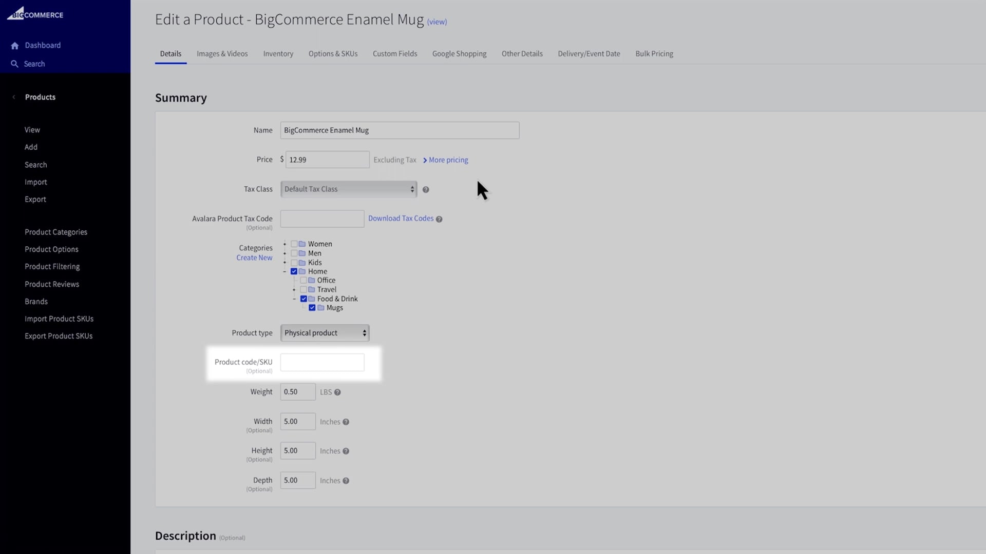 Creating SKUs in Bigcommerce