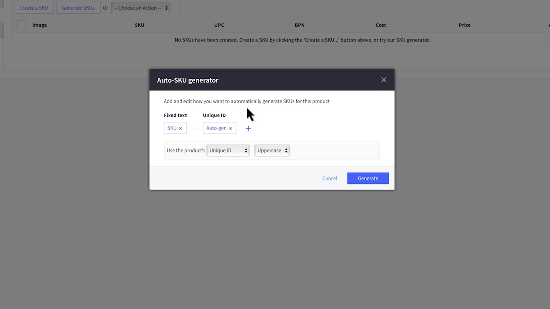 create SKUs in bigcommerce